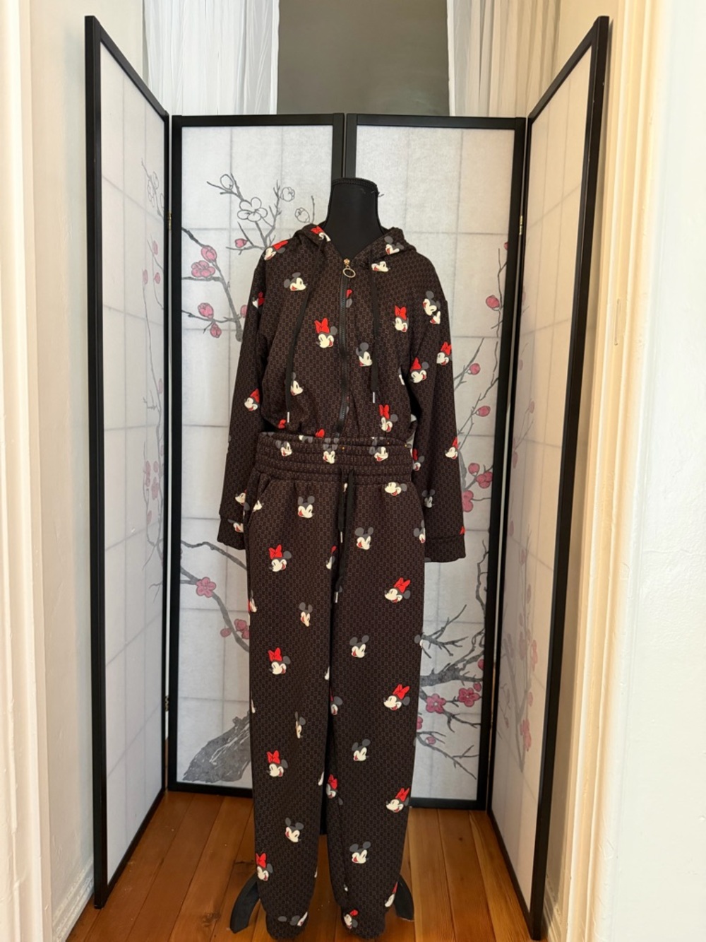 Zara Brown Hooded Track Jumpsuit with Red & White Minnie Print